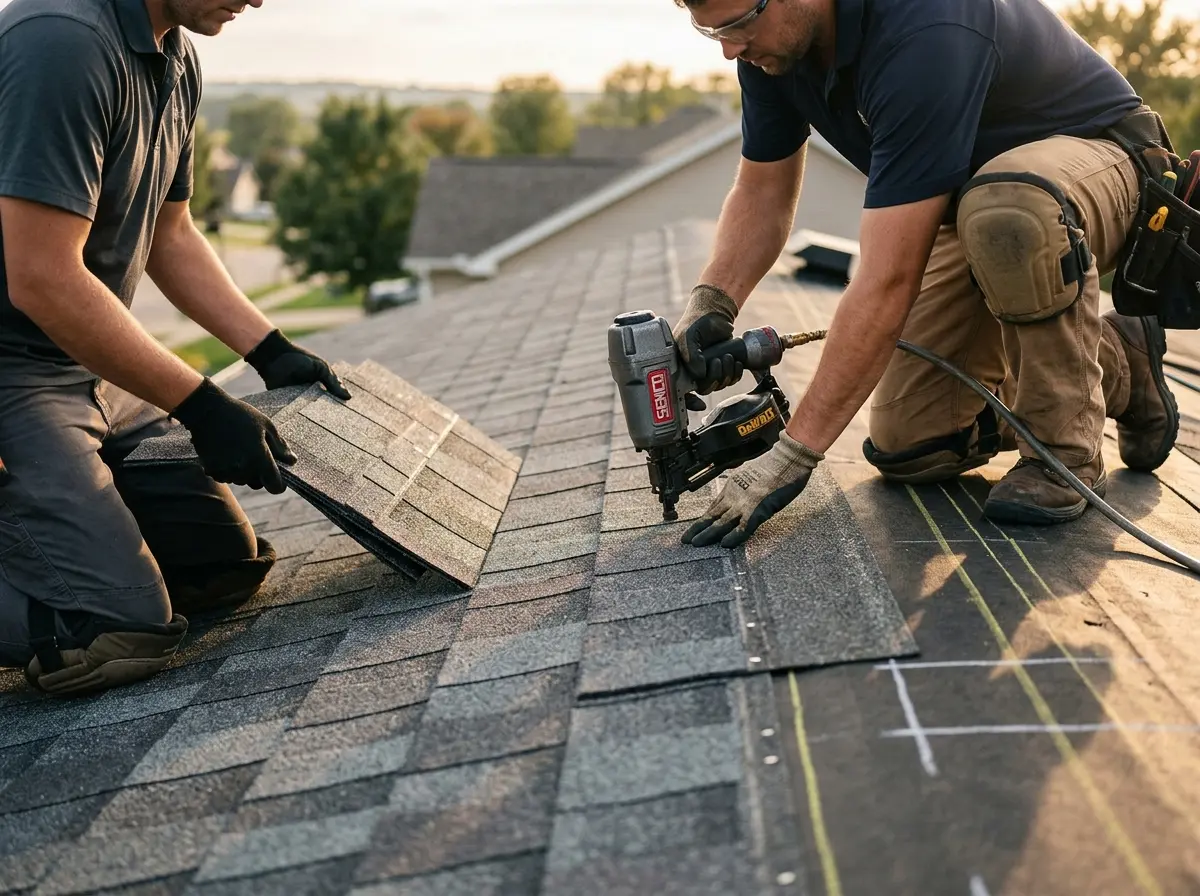 Professional roofer working on a residential roof in Radcliff
